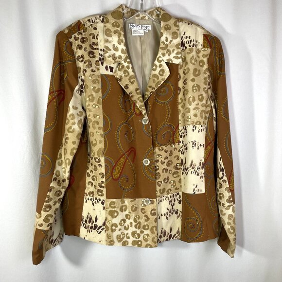 Nancy Bolen Silk Animal Print Beaded Jacket Size L Brown Tan Beaded Vintage - Picture 1 of 15
